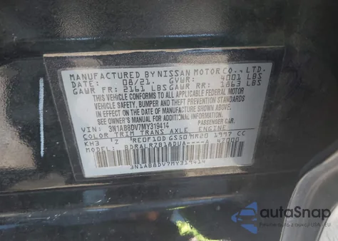 2021 Nissan Sentra Sr Xtronic Cvt z USA, uszkodzony, nr VIN 3N1AB8DV7MY319414